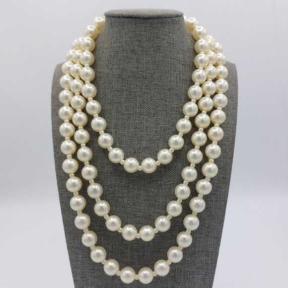 Faux Pearl Long Necklace Single Strand Small Faux Pearl Separator Beads 56" W Cl - Picture 3 of 7